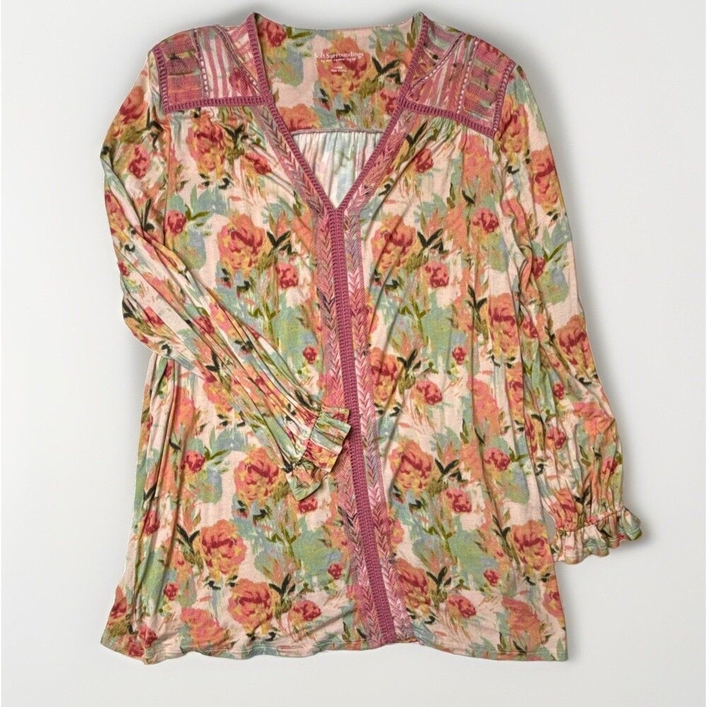 Soft Surroundings Tunic Top V-Neck Crochet Trim Long Sleeve Pink Floral Boho L